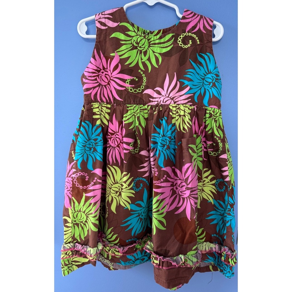 Vintage Corkys Kids Girls 3T Floral Sleeveless Cotton Dress Brown Pink Green